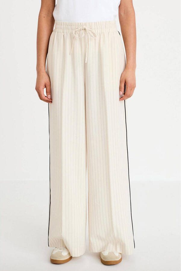Cache wide leg regular waist casual broek met krijtstreep ecru