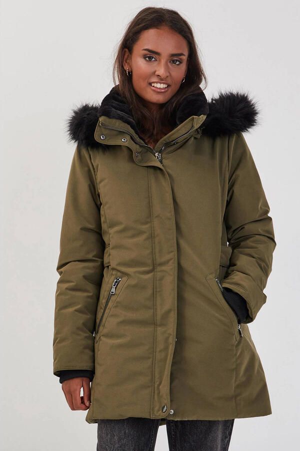 Cache winterjas met imitatiebontkraag kaki