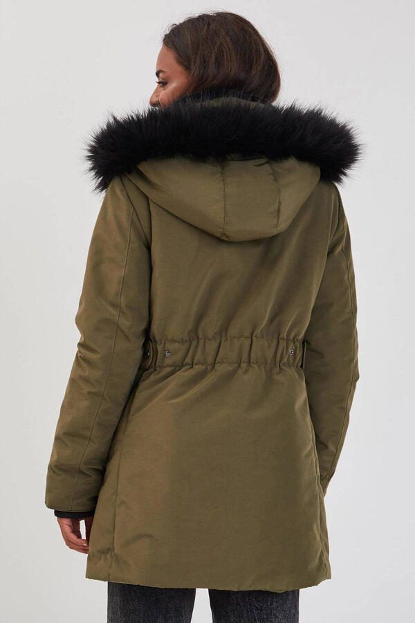 Cache winterjas met imitatiebontkraag kaki - Foto 3