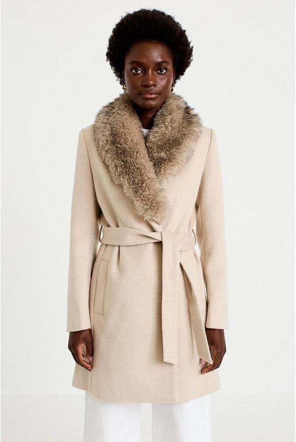 Cache wintermantel met ceintuur en wol beige - Foto 2