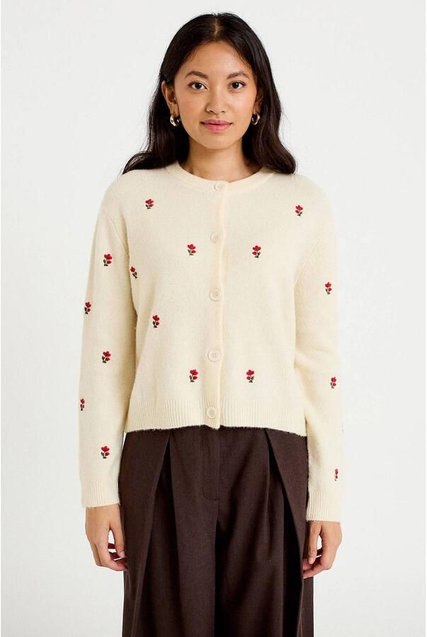 Cache wollen gebreid gebloemd vest met borduursels beige