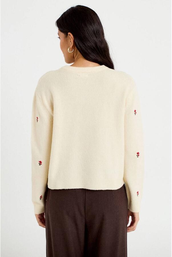 Cache wollen gebreid gebloemd vest met borduursels beige - Foto 2