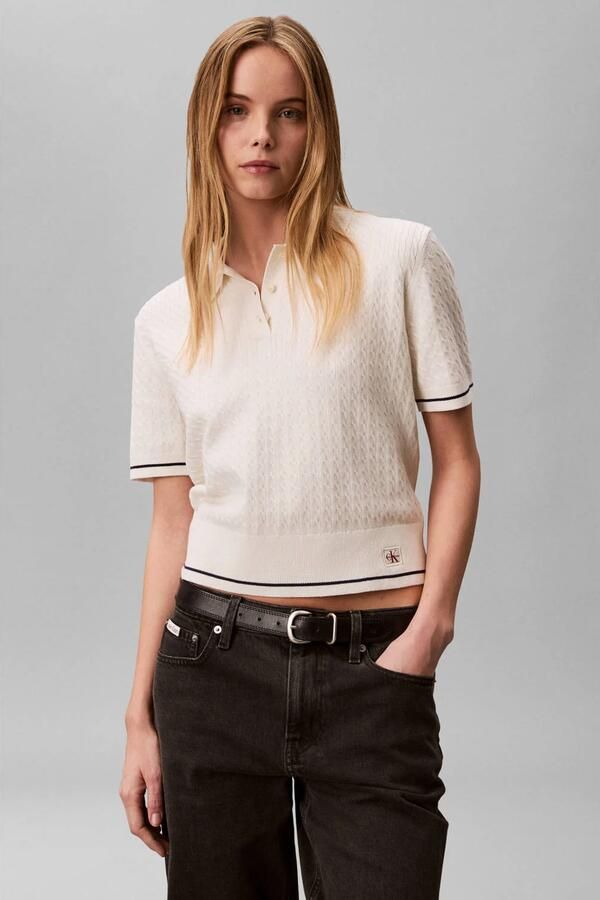 CALVIN KLEIN Dames Tops & T-shirts Ss Woven Label Cropped Cable Gebroken Wit - Foto 5