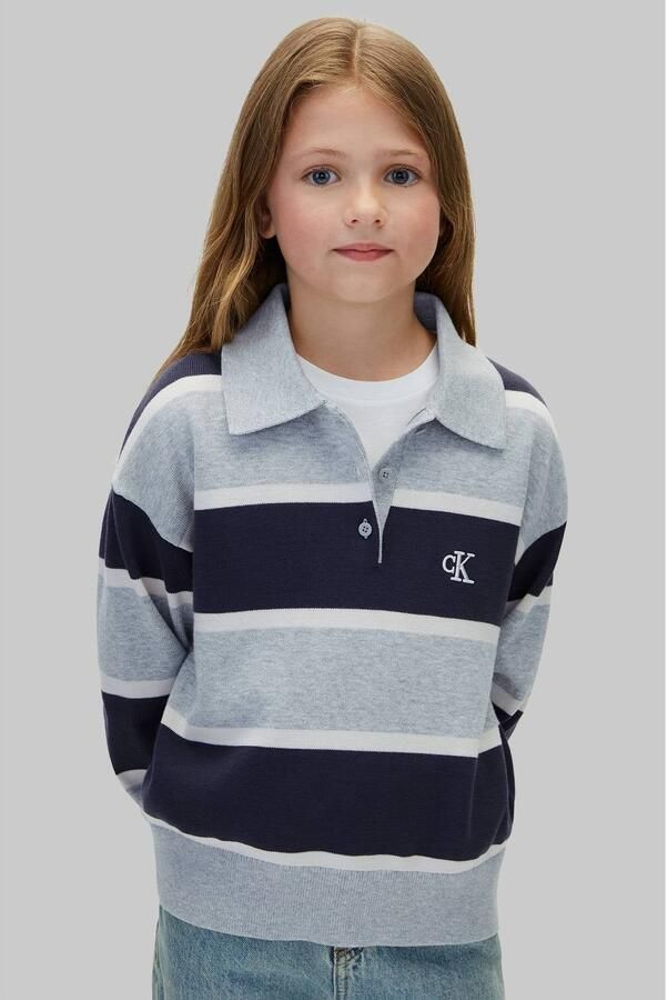 Calvin Klein katoenen gebreide gestreepte trui lichtgrijs donkerblauw