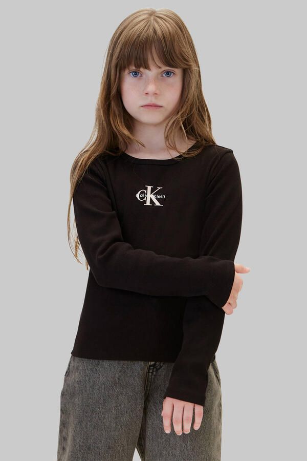 Calvin Klein longsleeve met logo zwart Meisjes Stretchkatoen Ronde hals