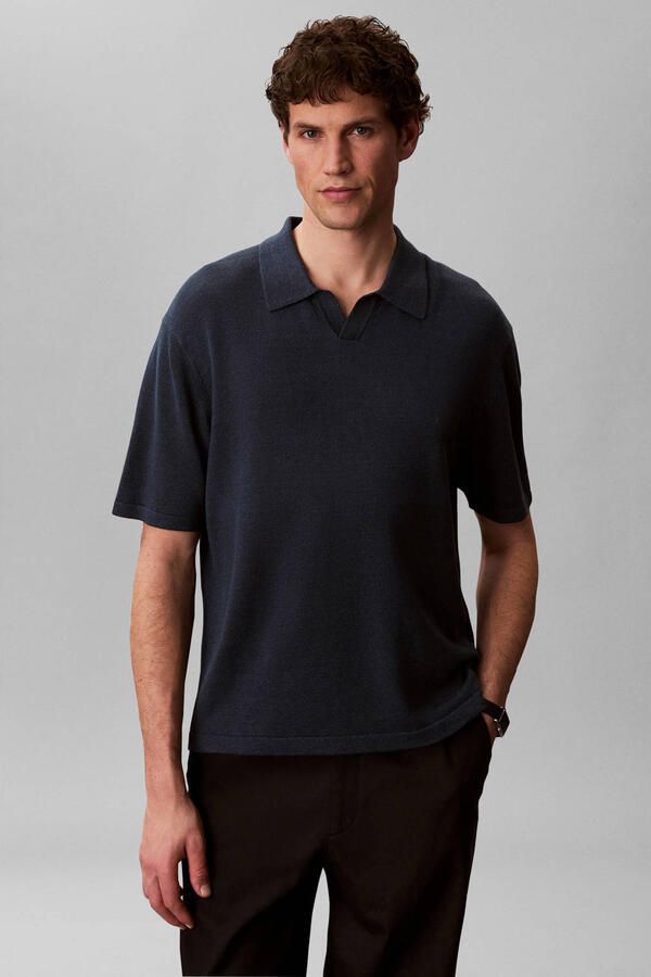 Calvin Klein regular polo met linnen donkerblauw gebreid