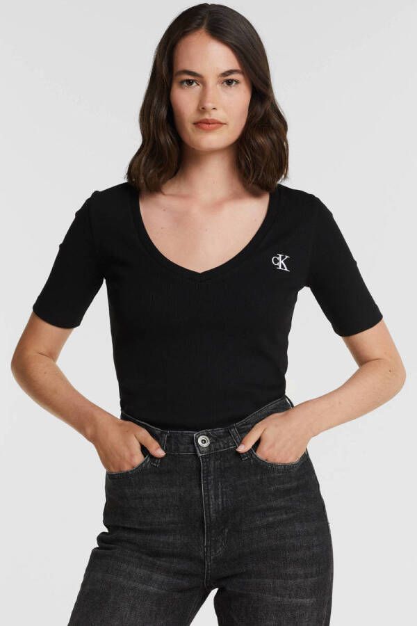 Calvin Klein Shirt met V-hals CK RIB V-NECK TEE met jeans logoprint