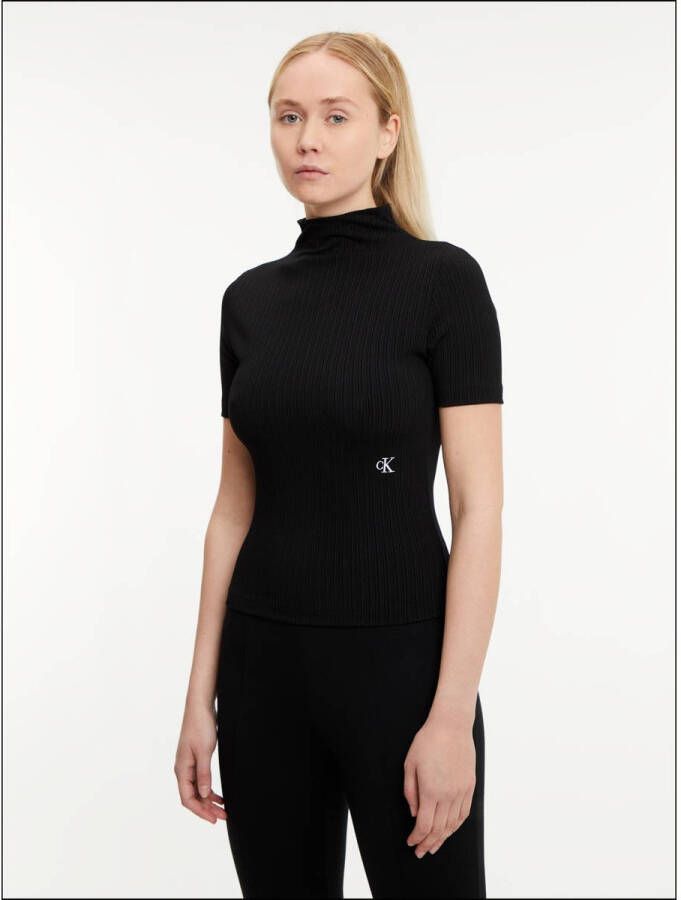 CALVIN KLEIN Dames Tops & T-shirts Shiny Rib High Neck Short Sleeve Zwart