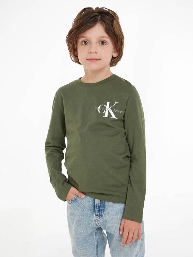 Calvin Klein longsleeve met logo donkergroen Jongens Katoen Ronde hals 116