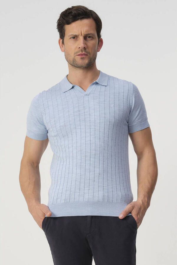 Campbell regular polo met linnen rib gebreid lichtblauw