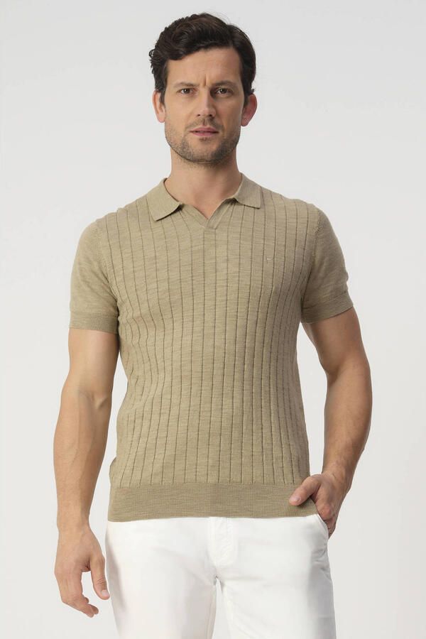 Campbell regular polo met linnen rib gebreid lichtbruin