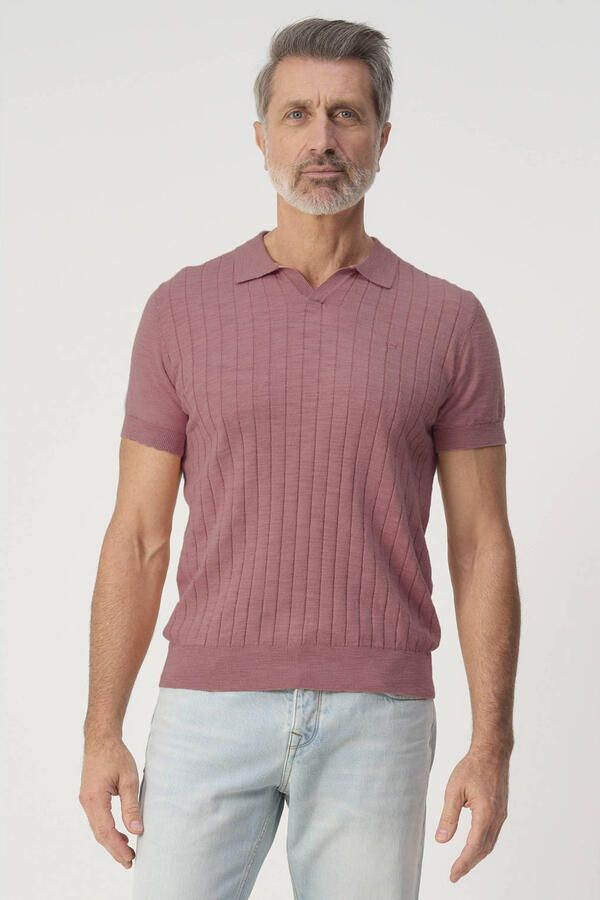 Campbell regular polo met linnen rib gebreid roze