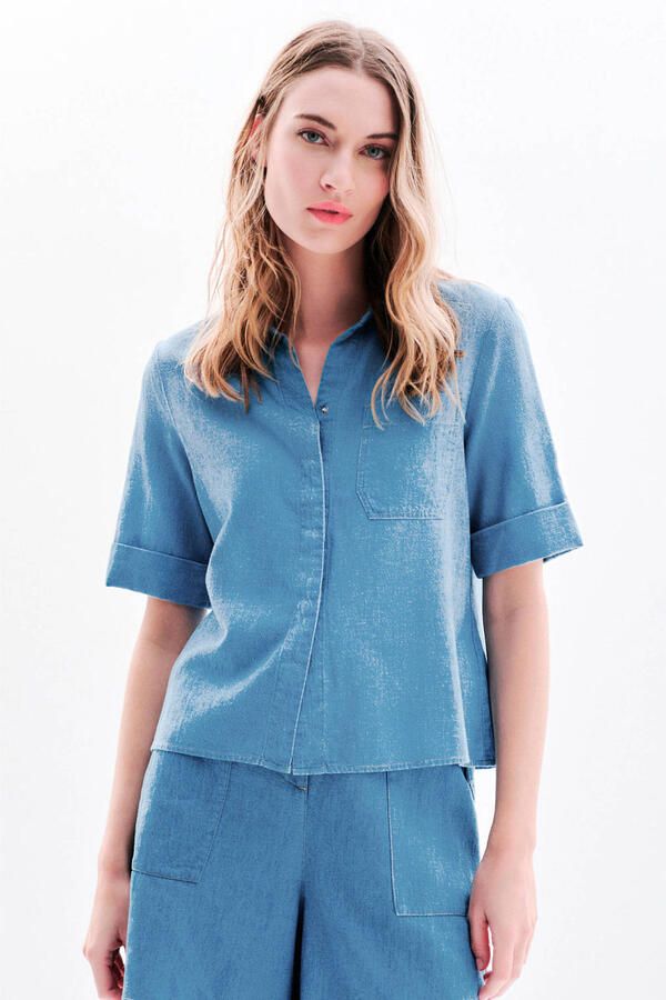 Caroll blouse met linnen lichtblauw met textuur