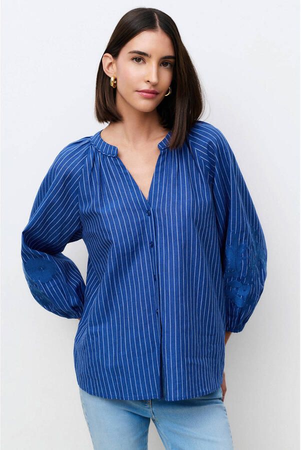 Caroll blouse met linnen met krijtstreep blauw