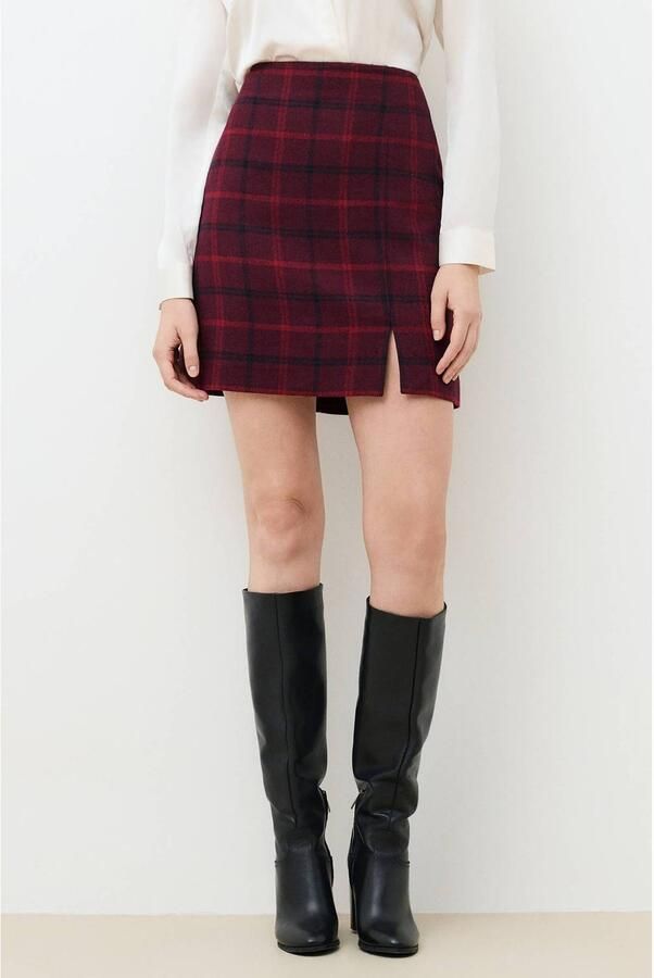 Caroll geruite mini rok met split en wol donkerrood zwart