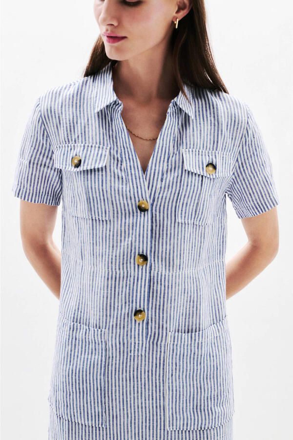 Caroll linnen gestreepte blousejurk medium blue denim
