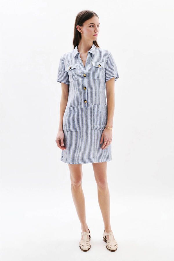 Caroll linnen gestreepte blousejurk medium blue denim - Foto 2
