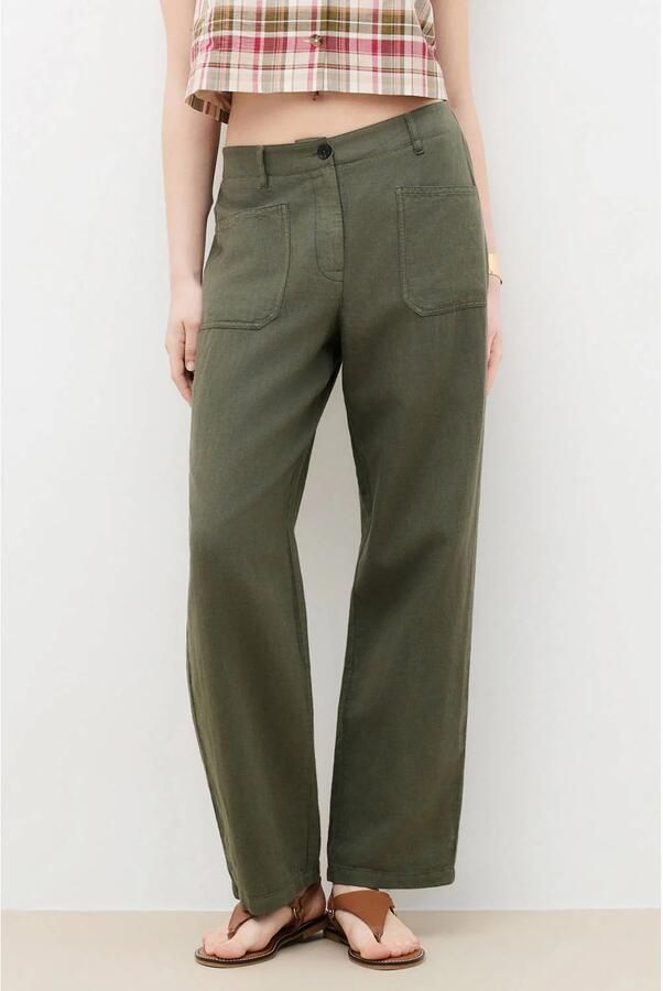 Caroll straight regular waist casual broek met linnen donkergroen