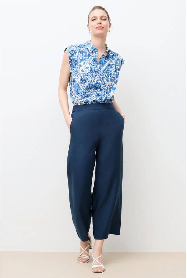 Caroll wide leg high waist casual broek met linnen marine