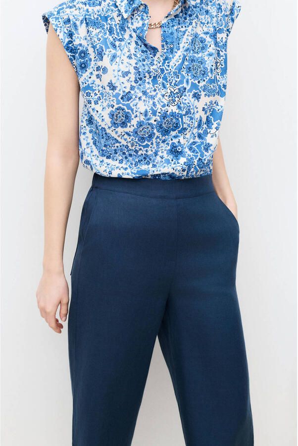 Caroll wide leg high waist casual broek met linnen marine - Foto 2