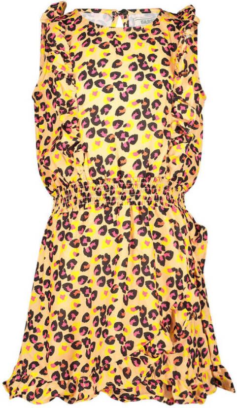 Cars jurk Daphne met all over print en ruches geel bruin Meisjes Polyester Ronde hals 152