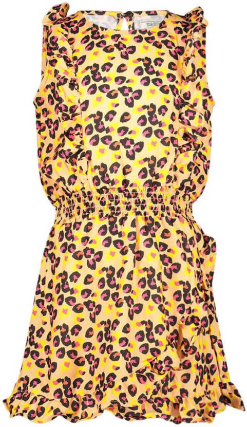 Cars jurk Daphne met all over print en ruches geel bruin Meisjes Polyester Ronde hals 164