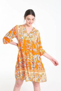 Cassis A-lijn jurk met paisleyprint en ruches oranje wit blauw