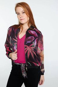 Cassis bomberjack met bladprint zwart multi
