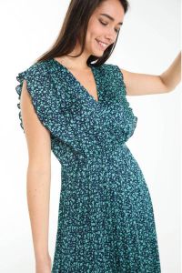 Cassis gebloemde maxi jurk in plisse turquoise donkerblauw
