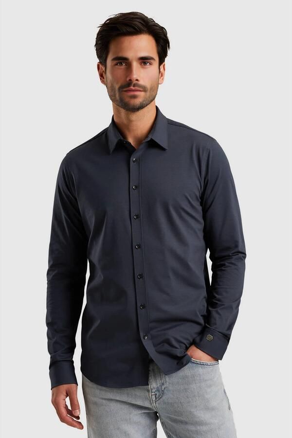 CAST IRON Heren Overhemden Long Sleeve Shirt Twill Jersey 2 Tone Donkerblauw - Foto 6