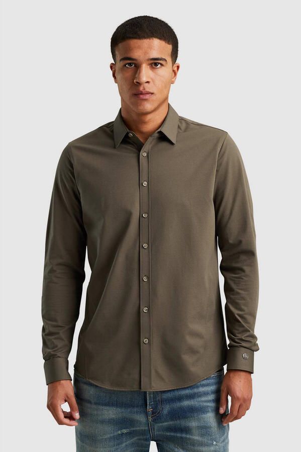 CAST IRON Heren Overhemden Long Sleeve Shirt Twill Jersey 2 Tone Bruin