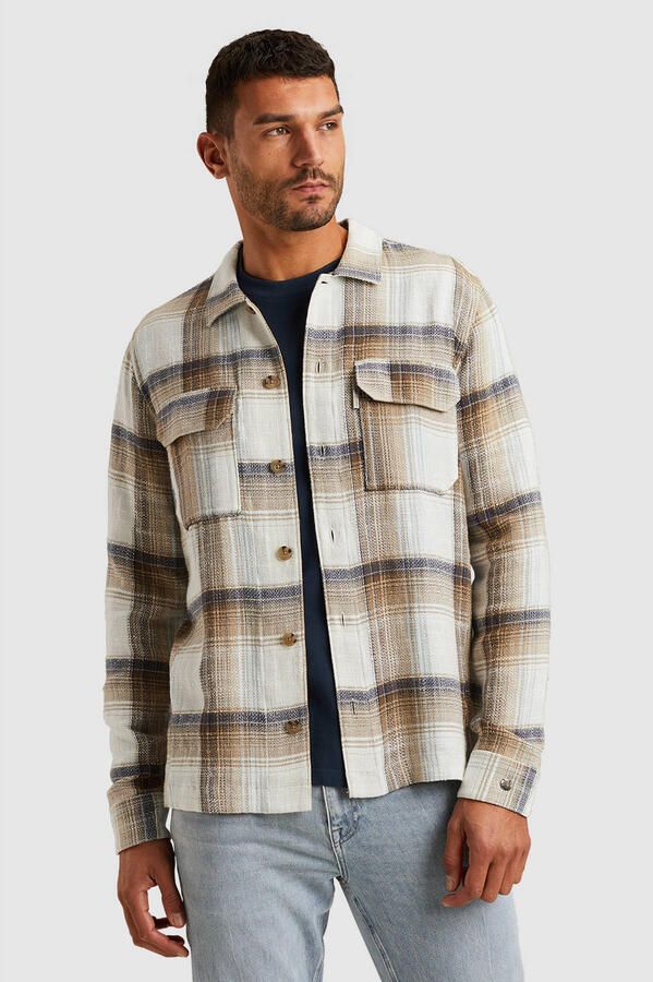 CAST IRON Heren Overshirts Long Sleeve Shirt Slub Check Zand - Foto 7