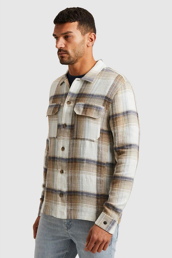 CAST IRON Heren Overshirts Long Sleeve Shirt Slub Check Zand - Foto 6