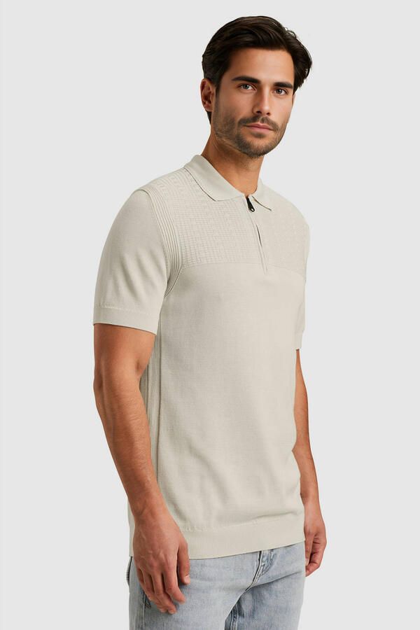 Cast Iron regular polo met ingebreid patroon ecru - Foto 3