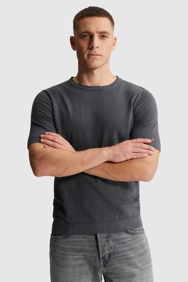 Cast Iron regular T-shirt met linnen fijn gebreid grijsblauw