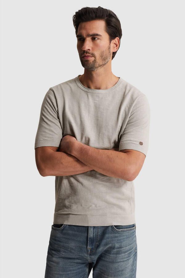 Cast Iron regular T-shirt met linnen fijn gebreid lichtgrijs