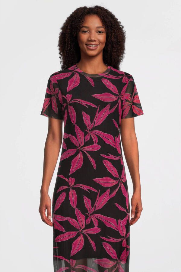 Catwalk Junkie maxi jurk Tropics maxi met bladprint en mesh zwart roze