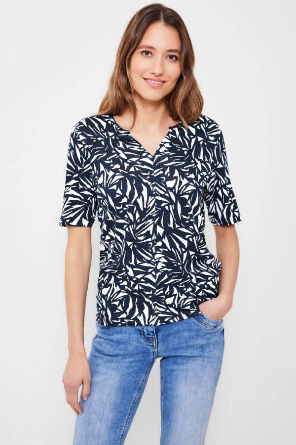 CECIL T-shirt met all over print wit donkerblauw