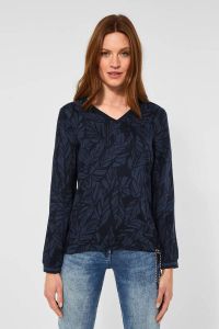 CECIL trui Cosy Two Color met bladprint donkerblauw