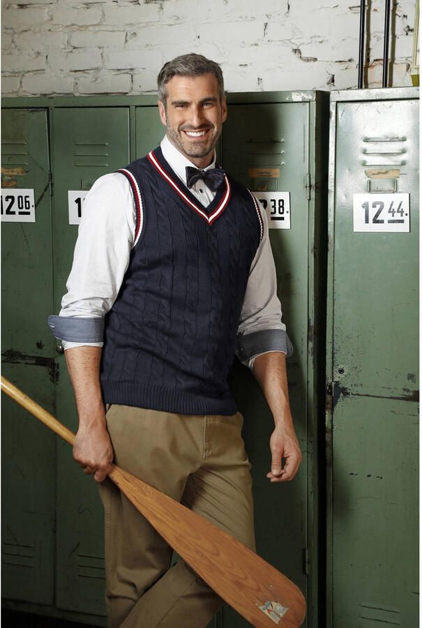 Charles Colby kabeltrui EARL CONSTANTINE Plus Size met contrastbies donkerblauw