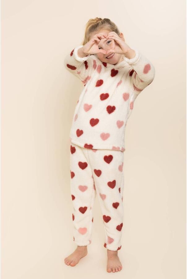 Charlie Choe pyjama met teddy details en hartjes wit Meisjes Polyester Capuchon