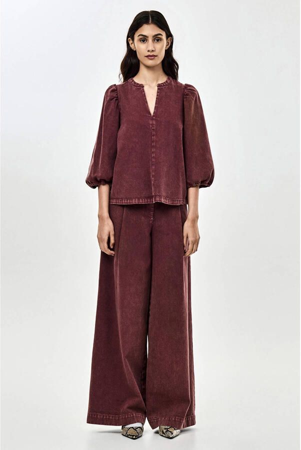 CKS fluwelen wide leg pantalon met plooien donkerrood - Foto 3