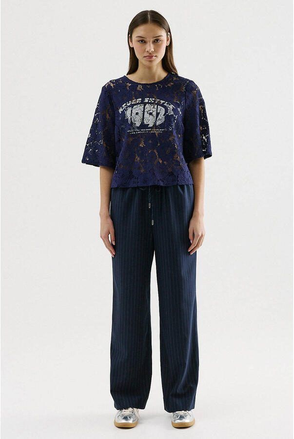 CKS wide leg regular waist broek met krijtstreep blauw - Foto 3