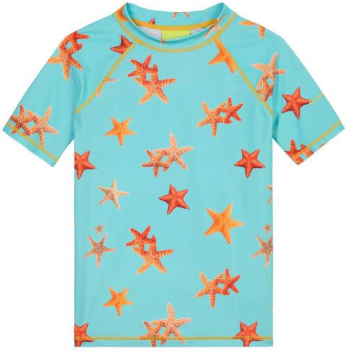 Claesen's UV T-shirt Sea Star turquoise oranje UV shirt Blauw Jongens Gerecycled polyester Opstaande kraag 164-170