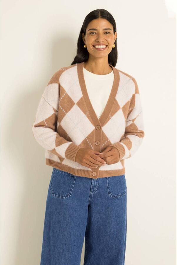 Claudia Sträter CLAUDIA BY CLAUDIA STRÄTER gebreid geruit vest camel ecru