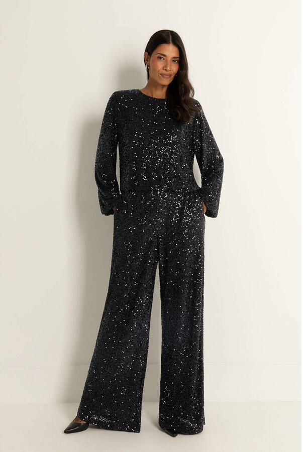 Claudia Sträter CLAUDIA BY CLAUDIA STRÄTER high waist flared broek zwart met pailletten