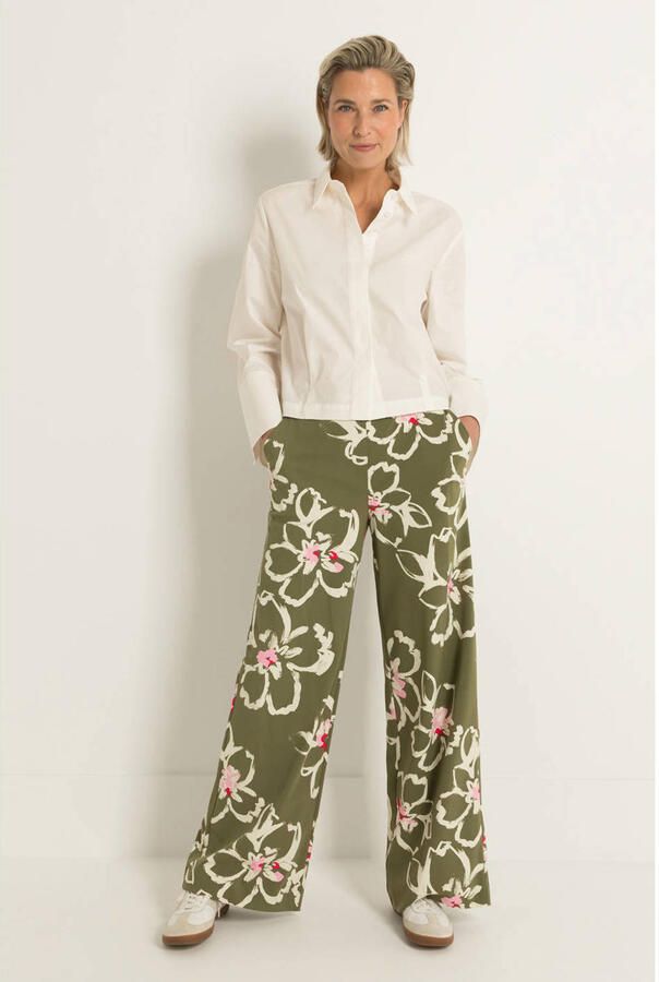 Claudia Sträter CLAUDIA BY CLAUDIA STRÄTER travelstof wide leg high waist gebloemde casual broek donkergroen fijn gebreid