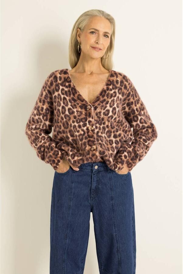 Claudia Sträter gebreid vest met panterprint en wol bruin beige