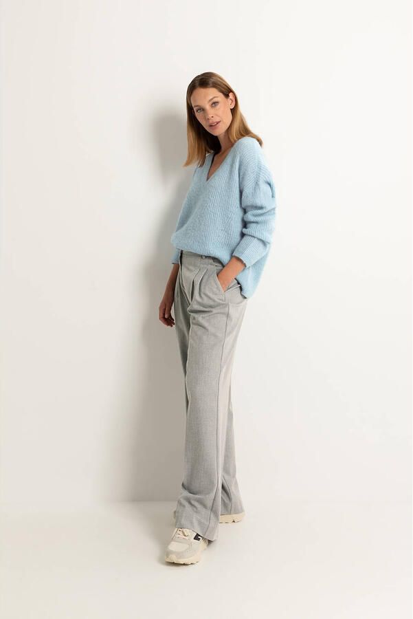 Claudia Sträter gemêleerde high waist wide leg pantalon grijs
