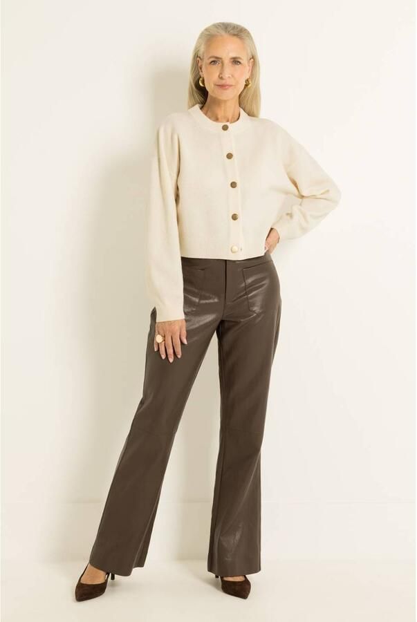Claudia Sträter imitatieleren high waist flared broek donkerbruin